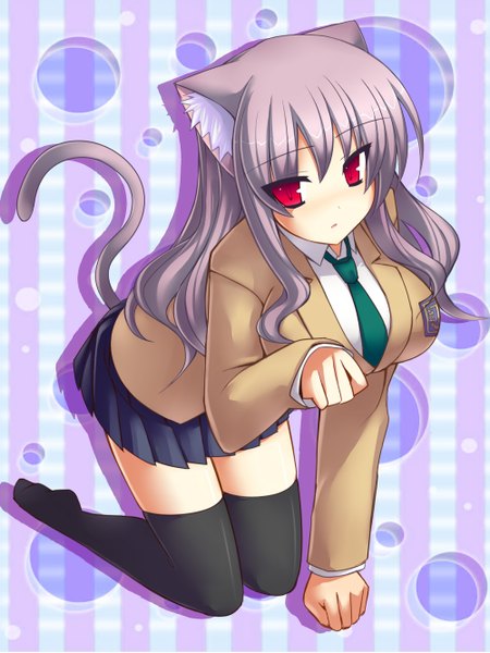 Anime picture 1000x1333 with original tsukumiya amane single long hair tall image looking at viewer blush red eyes animal ears purple hair cat ears cat girl cat tail paw pose cat pose girl thighhighs skirt uniform black thighhighs