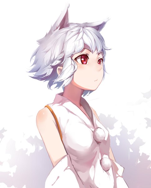 Anime picture 2007x2480 with touhou inubashiri momiji huanxiang heitu single tall image highres short hair red eyes animal ears looking away white hair traditional clothes japanese clothes portrait wolf ears body blush girl detached sleeves pom pom (clothes)