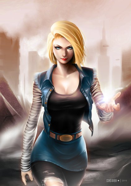 Anime picture 600x850 with dragon ball dragon ball z android 18 alex-malveda single tall image looking at viewer short hair breasts blue eyes blonde hair large breasts cleavage outdoors long sleeves realistic lipstick outstretched arm city magic