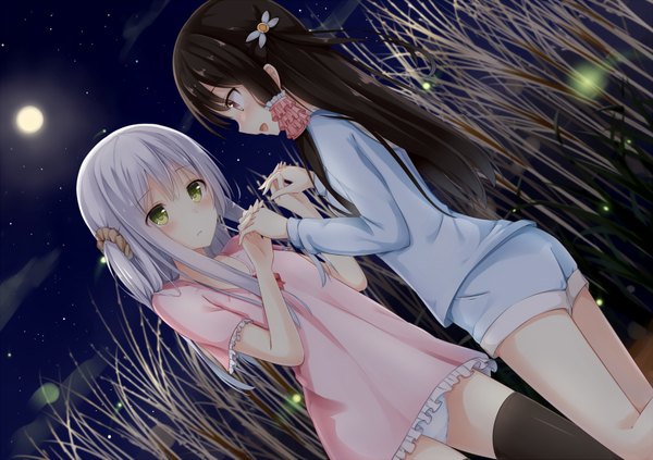 Anime picture 1754x1239 with original mitoko (tsuchikure) shiori (tsuchikure) tsuchikure (3105mitoko) long hair blush highres open mouth light erotic black hair multiple girls green eyes white hair night pantyshot kneeling holding hands girl thighhighs hair ornament