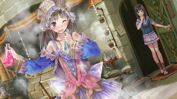 Anime picture 1500x844 with atelier (series) gust (company) totooria helmold cecilia helmold kishida mel long hair blush open mouth blue eyes brown hair wide image multiple girls brown eyes one eye closed wink tears girl dress 2 girls room