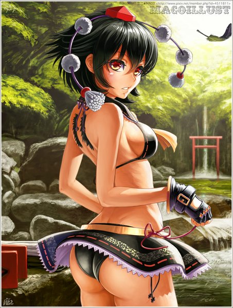 Anime picture 831x1100 with touhou shameimaru aya maco (macoillust) single tall image looking at viewer blush fringe short hair breasts light erotic black hair red eyes signed ass looking back border waterfall girl gloves