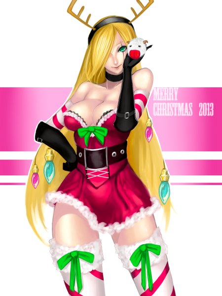 Anime picture 1200x1600 with league of legends katarina (league of legends) kumiko shiba single long hair tall image looking at viewer light erotic simple background blonde hair standing green eyes hand on hip christmas scar merry christmas girl dress gloves elbow gloves