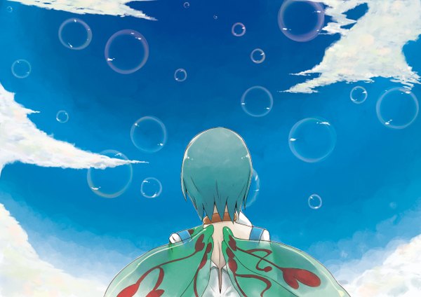 Anime picture 1228x868 with eureka seven studio bones eureka hrd short hair sky cloud (clouds) from behind aqua hair girl wings bubble (bubbles)