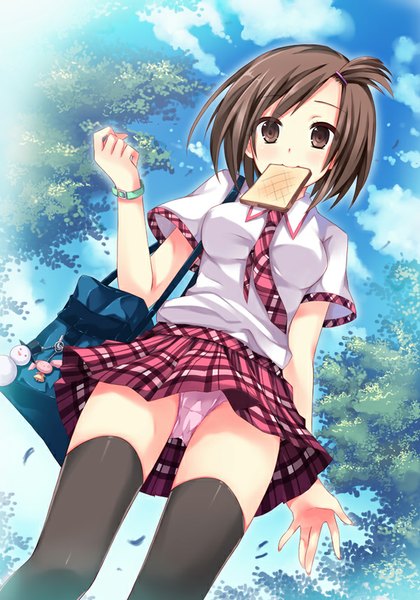 Anime picture 600x856 with original peach88 single tall image blush short hair light erotic brown hair holding brown eyes sky cloud (clouds) pleated skirt sunlight from below pantyshot mouth hold girl thighhighs skirt
