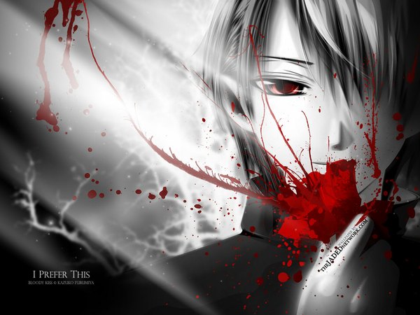 Anime picture 1024x768 with single looking at viewer fringe short hair smile red eyes pointy ears hair over one eye monochrome face vampire boy flower (flowers) rose (roses) blood