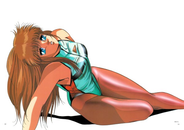 Anime picture 3200x2265 with dangaioh mia alice hirano toshihiro single long hair highres open mouth blue eyes simple background brown hair white background absurdres scan official art sleeveless reclining oldschool 80s girl pantyhose