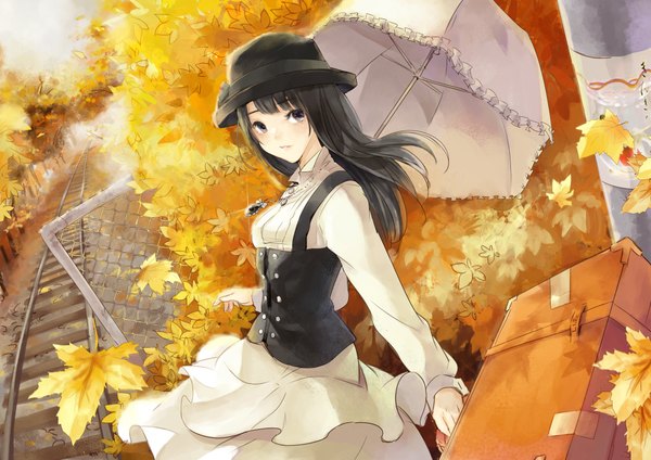 Anime picture 2000x1414 with ske48 (group) real life akb48 (group) matsui rena ll.ee. single long hair highres black hair black eyes autumn girl dress hat leaf (leaves) umbrella autumn leaves suitcase