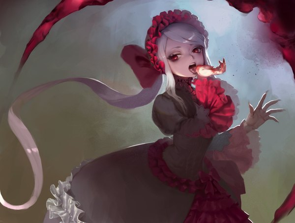 Anime picture 3142x2373 with overlord (maruyama) madhouse shalltear bloodfallen attall single highres open mouth red eyes looking away absurdres silver hair very long hair lolita fashion licking goth-loli vampire finger licking girl dress frills