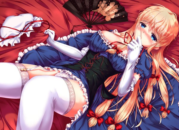 Anime picture 1200x874 with touhou yakumo yukari tenchou no matsumoto long hair looking at viewer blush breasts blue eyes light erotic blonde hair lying pantyshot girl thighhighs dress gloves bow hair bow white thighhighs elbow gloves