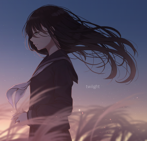 Anime picture 1743x1681 with original saitou (lynx-shrike) single long hair looking at viewer highres blue eyes black hair looking away profile wind evening sunset girl uniform serafuku