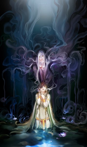 Anime picture 1000x1684 with original jane mere tall image breasts open mouth blonde hair signed yellow eyes eyes closed very long hair pointy ears hand on head girl dress water cloak