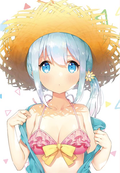 Anime picture 644x925 with eromanga sensei a-1 pictures izumi sagiri ayami (annahibi) single long hair tall image looking at viewer blush blue eyes light erotic payot silver hair upper body off shoulder :o shadow side ponytail undressing alternate hairstyle