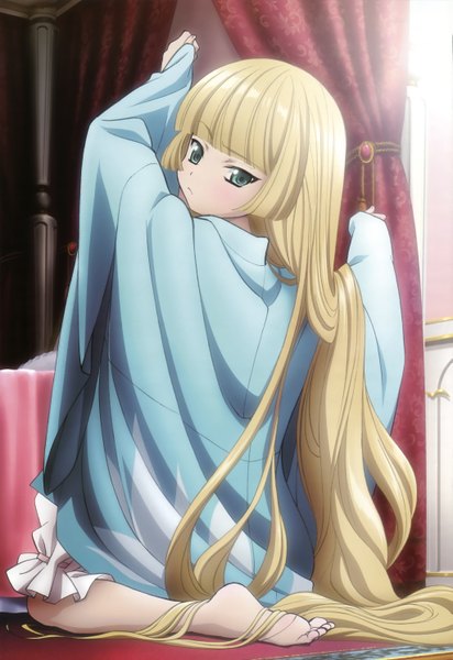 Anime picture 4090x5952 with gosick studio bones megami magazine victorique de blois single long hair tall image highres blonde hair green eyes absurdres looking back barefoot from behind official art loli kneeling girl