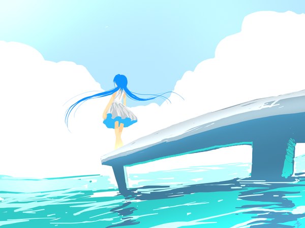 Anime picture 2000x1500 with original takaya (pixiv528263) single long hair highres blue eyes twintails bare shoulders sky cloud (clouds) girl water sundress pier