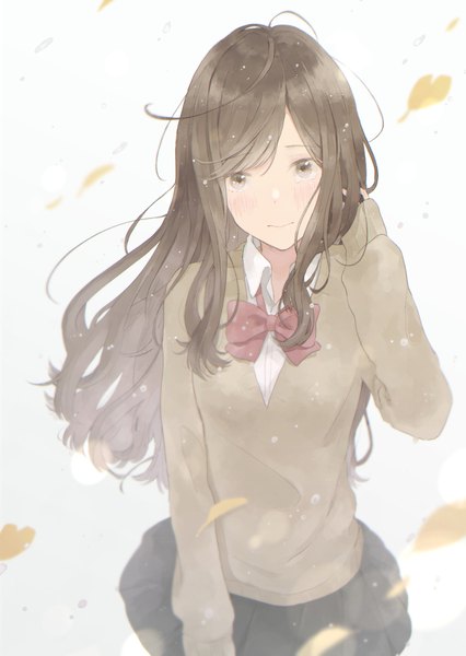 Anime picture 718x1012 with original necojishi single long hair tall image looking at viewer blush brown hair brown eyes wind lens flare adjusting hair girl uniform school uniform leaf (leaves) autumn leaves ginkgo