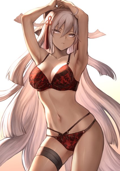 Anime picture 1302x1842 with fate (series) fate/grand order koha-ace okita souji (fate) (all) okita souji alter (fate) mashuu (neko no oyashiro) single long hair tall image looking at viewer fringe breasts light erotic simple background hair between eyes cleavage silver hair ahoge arms up armpit (armpits)