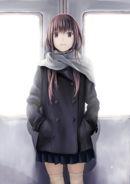 Anime picture 813x1150 with original hitori (htr t) single long hair tall image looking at viewer blue eyes brown hair standing pleated skirt hands in pockets girl thighhighs skirt white thighhighs jacket