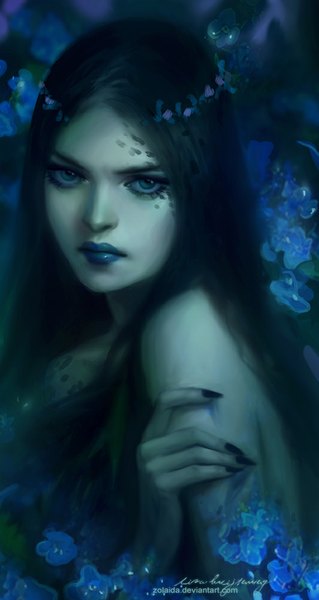 Anime picture 532x1000 with zolaida (artist) single long hair tall image looking at viewer black hair bare shoulders green eyes lips realistic girl flower (flowers)
