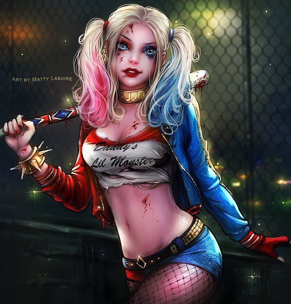 Anime picture 1000x1048 with batman suicide squad dc comics harley queen matty lasuire single long hair tall image looking at viewer fringe breasts blue eyes light erotic blonde hair large breasts standing twintails holding signed cleavage