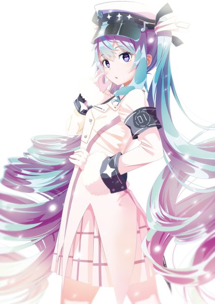 Anime picture 1116x1579 with vocaloid hatsune miku yuki miku rabbit yukine songchuan li single tall image looking at viewer fringe breasts open mouth simple background hair between eyes standing white background twintails purple eyes payot pink hair very long hair