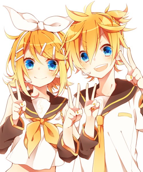 Anime picture 667x800 with vocaloid kagamine rin kagamine len asagao minoru tall image looking at viewer blush short hair open mouth blue eyes simple background blonde hair smile white background nail polish victory twins brother and sister yellow nail polish girl