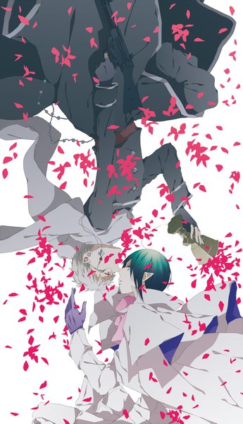 Anime picture 1151x2000 with ao no exorcist a-1 pictures mephisto pheles fujimoto shirou hasumi (artist) tall image short hair simple background red eyes white background white hair aqua eyes pointy ears grey hair aqua hair multiple boys face to face shounen ai boy gloves