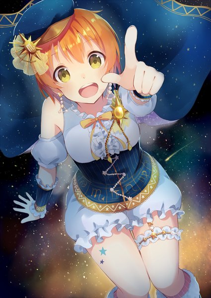 Anime picture 708x1000 with love live! school idol project sunrise (studio) love live! hoshizora rin nonono (nononotea) single tall image looking at viewer blush fringe short hair open mouth smile yellow eyes orange hair pointing shooting star girl earrings star (stars)