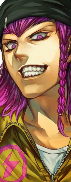 Anime picture 400x1015 with dangan ronpa super dangan ronpa 2 souda kazuichi irohara mitabi single tall image looking at viewer smile purple eyes purple hair braid (braids) grin single braid looking down portrait hairband