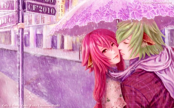Anime picture 1440x900 with original yurkary long hair short hair wide image signed animal ears pink hair eyes closed profile pink eyes green hair light smile lips realistic rain almost kiss street shared scarf shared umbrella