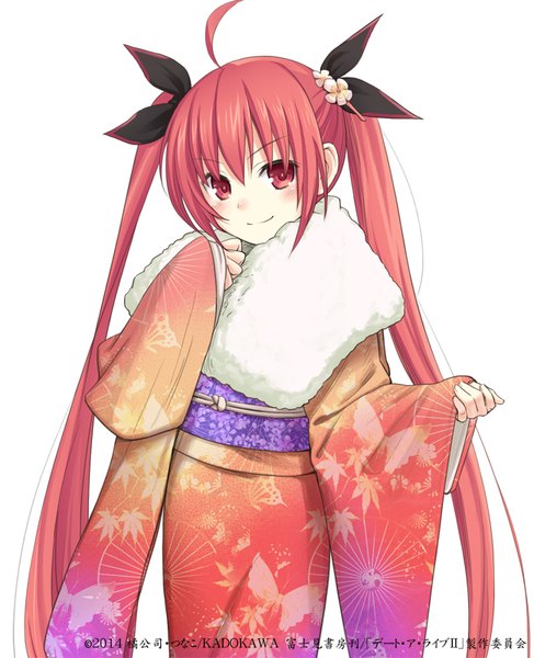 Anime picture 650x800 with date a live itsuka kotori konoe (vis9191) single long hair tall image looking at viewer blush simple background smile red eyes white background twintails ahoge red hair traditional clothes japanese clothes 2014 girl ribbon (ribbons)