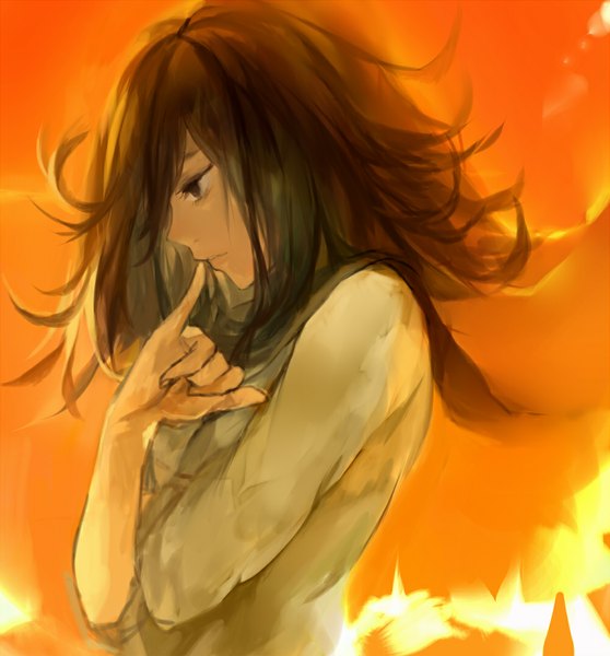 Anime picture 1000x1076 with original tcb (pixiv) single long hair tall image fringe brown hair profile black eyes finger to mouth orange background girl