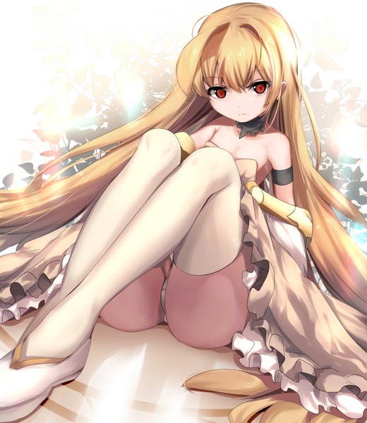 Anime picture 1343x1549 with original umakatsuhai single long hair tall image looking at viewer light erotic blonde hair red eyes pantyshot pantyshot sitting girl thighhighs dress underwear panties white thighhighs