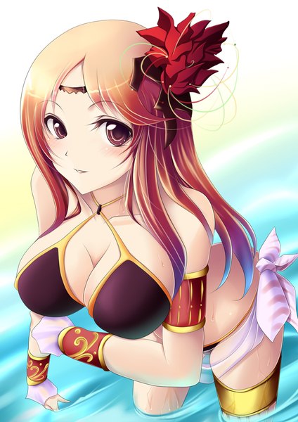 Anime picture 706x1000 with lord of vermilion tetisu (lord of vermilion) harapeko1129 single long hair tall image looking at viewer blush light erotic smile brown hair brown eyes payot cleavage hair flower from above wet leaning dutch angle leaning forward