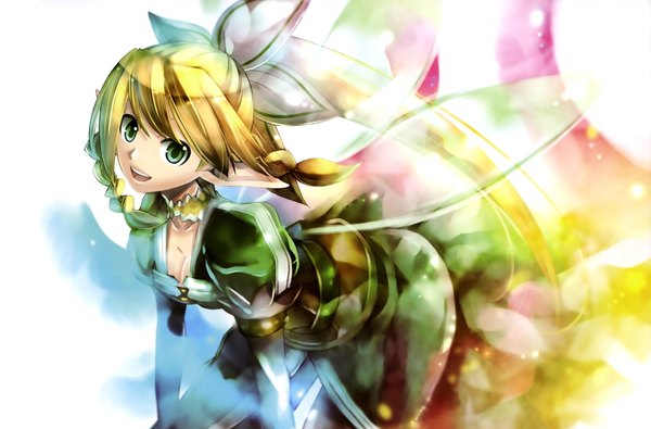 Anime picture 4060x2676 with sword art online a-1 pictures leafa kei (keigarou) single long hair looking at viewer highres open mouth blonde hair green eyes absurdres ponytail braid (braids) pointy ears scan official art elf girl dress