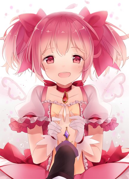 Anime picture 639x888 with mahou shoujo madoka magica shaft (studio) kaname madoka hitsukuya single tall image blush short hair open mouth smile white background twintails pink hair pink eyes loli short twintails girl dress gloves bow