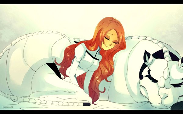 Anime picture 1600x1002 with bleach studio pierrot inoue orihime grimmjow jeagerjaques persona92 (orichie) long hair smile wide image sitting eyes closed orange hair wavy hair espada girl dress animal panther