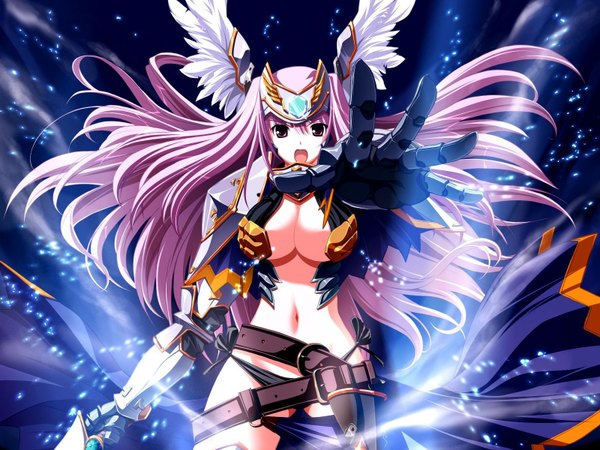 Anime picture 1600x1200 with shirogane no soleil skyfish (studio) hagall valkyr tsurugi hagane single long hair looking at viewer breasts open mouth light erotic large breasts pink hair game cg floating hair outstretched hand head wings girl navel underwear panties