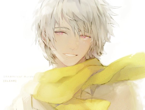 Anime picture 1000x760 with dramatical murder nitro+chiral clear (dmmd) memipong single fringe short hair simple background smile red eyes white background looking away silver hair boy