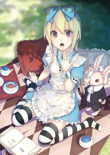 Anime picture 1000x1409 with alice in wonderland alice (wonderland) white rabbit la-na single tall image looking at viewer blush short hair open mouth blonde hair sitting brown eyes zettai ryouiki rhombus girl thighhighs dress bow hair bow