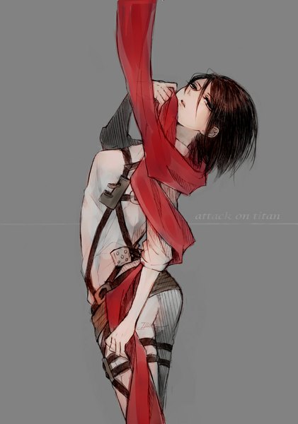 Anime picture 730x1041 with shingeki no kyojin production i.g mikasa ackerman hachiro (artist) single tall image looking at viewer fringe short hair breasts simple background brown hair standing holding brown eyes ass lips inscription grey background uniform