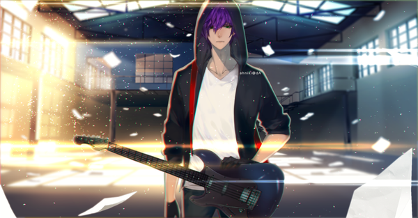 Anime picture 1024x535 with original ahniki single looking at viewer fringe short hair blue eyes wide image standing indoors hair over one eye open jacket boy jacket hood guitar paper