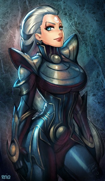 Anime picture 850x1450 with league of legends diana (league of legends) reiq (artist) single long hair tall image breasts blue eyes smile looking away lips grey hair facial mark girl armor
