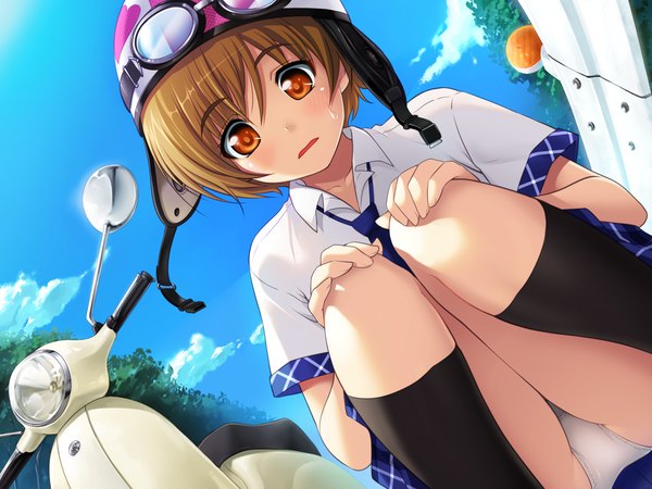 Anime picture 1600x1200 with tonari no puu-san blush short hair light erotic brown hair game cg orange eyes pantyshot pantyshot sitting girl uniform school uniform socks black socks helmet motorcycle motorcycle helmet