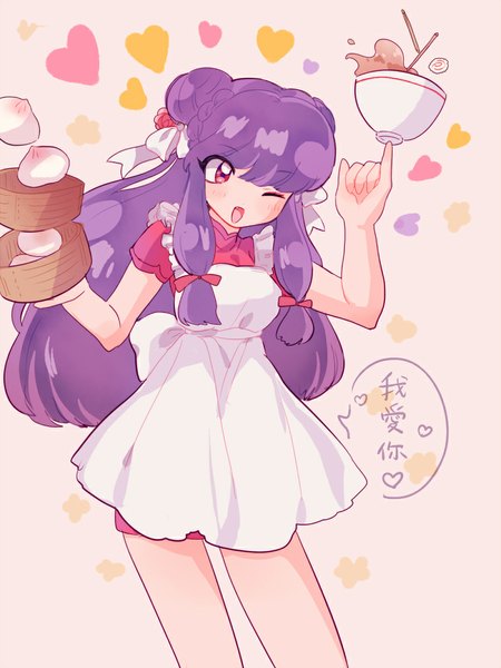 Anime picture 800x1066 with ranma 1/2 shampoo (ranma 1/2) unagi miyako miyako (xxxbibit) single long hair tall image blush open mouth white background purple eyes looking away purple hair one eye closed wink chinese clothes girl food apron speech bubble