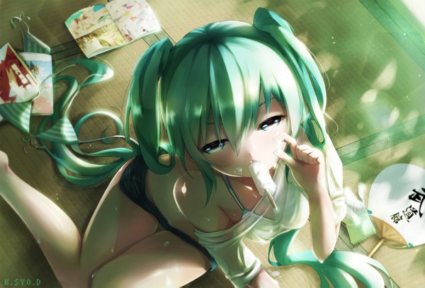Anime picture 2000x1359 with vocaloid hatsune miku asahi kuroi single looking at viewer highres light erotic sitting twintails holding very long hair aqua eyes from above sunlight aqua hair off shoulder bare legs shadow shiny skin mouth hold