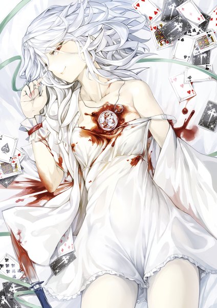 Anime picture 827x1169 with touhou izayoi sakuya geppewi tall image looking at viewer fringe short hair smile red eyes silver hair lying from above off shoulder open clothes no bra on back open shirt alternate costume pale skin bloody weapon