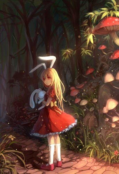 Anime picture 1000x1453 with original pixiv fantasia pixiv fantasia fallen kings sishenfan single long hair tall image looking at viewer blonde hair red eyes animal ears bunny ears turning head girl dress flower (flowers) bow plant (plants) tree (trees) socks