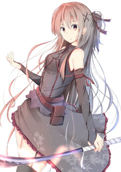 Anime picture 1020x1447 with original shirotaso0818 single long hair tall image looking at viewer white background bare shoulders brown eyes ponytail grey hair girl thighhighs ribbon (ribbons) weapon black thighhighs hair ribbon sword belt fingerless gloves