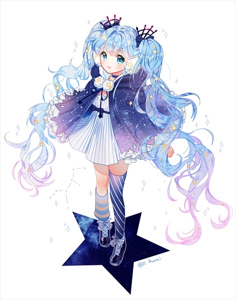 Anime picture 800x1014 with vocaloid hatsune miku fuyu no yoru miku rarumi single tall image looking at viewer blush fringe open mouth simple background white background twintails signed blue hair full body very long hair aqua eyes from above sparkle